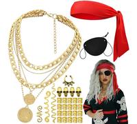 Aswitnove Pirate Costume Accessories Set Pirate Necklace Bandana Eye Patch Skull Nose Ring Viking Accessories for Men Women, Red,31pcs, Medium