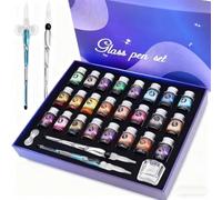 ASXMA Glass Dipped Pen Ink Set Handmade Crystal Calligraphy Pen with 24Colorful india ink for Art, Signatures, Drawing, Decoration, Caligraphy Kits for Beginners