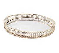Asyduey Golden Iron Jewelry Storage Tray Glass Mirror Makeup Manager Desktop Cosmetic Dessert Decorative Display Tray 25Cm