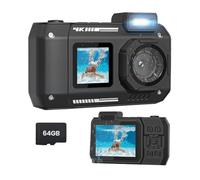 Asyduey Waterproof Camera 4K 65MP Underwater Camera with 64G Card, for Snorkeling Autofocus Selfie Dual-Screen Black
