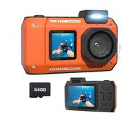 Asyduey Waterproof Camera 4K 65MP Underwater Camera with 64G Card, for Snorkeling Autofocus Selfie Dual-Screen Orange