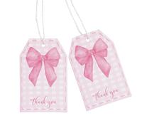 ASYEHJNR 100Pcs Pink Bow Gift Tags with String Pink Buffalo Plaid Large Gift Tags with 65Ft White String Cute Thank You White Paper Tag for Coquette Birthday Baby Shower Wedding Gift Wrap Tag