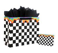 ASYEHJNR 13" Large Size Checkered Rainbow Gift Bag Black and White Plaid Gift Bag with Greeting Card and Tissue Paper for Kids Girls Boys Men Women Birthday Holiday Baby Shower Wedding Supplies