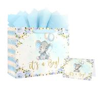 ASYEHJNR 13" Large Size Gift Bag Blue and Gold Star It's a boy Baby Blue Floral Flower Elephant Gift Bag with Greeting Card and Tissue Paper for It's a Boy Gender Reveal Baby Shower Supplies