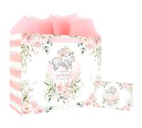 ASYEHJNR 13" Large Size Gift Bag Pink and Gold A Sweet Little Peanut Is On Her Way Baby Girl Elephant Gift Bag with Greeting Card and Tissue Paper for It's a Girl Gender Reveal Baby Shower Supplies