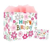 ASYEHJNR 13" Large Size Happy Birthday Gift Bag Pink Gray Teal Floral Flower with Colorful Happy Birthday Sign Boho Gift Bag with Greeting Card and Tissue Paper for Girls Women Bday Supplies