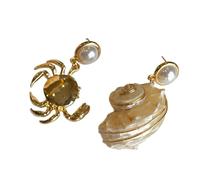 Asymmetric Beach Earrings with Shell & Charms, Lightweight Alloy Jewelry for Coastal Vacations & Parties Crabs Conch Earrings