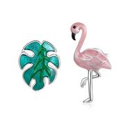 Asymmetric Flamingo Leaf Stud Earrings for Women, 925 Sterling Silver Hypoallergenic Cartilage Jewellery, Pink Green Enamel Animal Plant Jewellery Gift for Party Holiday