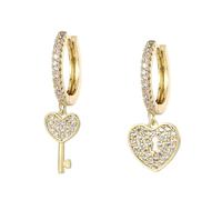 Asymmetric Heart Key Huggie Hoop Earrings for Women Gold Plated Crystal CZ Small Dangle Drop Piercing Hoops Earring Hypoallergenic Dainty Valentine Anniversary Lock and Key Statement Jewelry