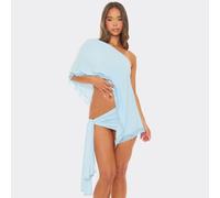 Asymmetric Neck Cape Sleeve Lace Trim Detail Top In Blue Slinky, Women's Size UK 8