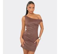 Asymmetric Off Shoulder Mini Dress In Chocolate Brown Faux Suede, Women's Size UK 6
