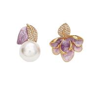 Asymmetric Purple Enamel Flower Pearl Stud Earrings, Gold Plated Pave Crystal Leaf Large White Pearl Floral Statement Jewelry for Women Wedding Bridal