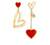 Asymmetric Red Heart-shaped Tassel Pendant Earrings for Women, Stainless Steel Gold- Exquisite Jewelry