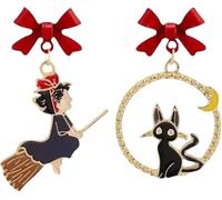 Asymmetric Sweet Cartoon Bow Drop Dangle Earrings Cute Drop Earrings for Anime Lovers with Whimsical Black Cat Magic Earrings Asymmetrical Fun Anime Earrings Enamel Pendant Black Cat Magic Charms