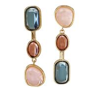 Asymmetric Three Color Gemstone Drop Earrings, Pink Crystal Red Amber Blue Glass Linear Dangle Earrings, Geometric Statement Jewelry for Women