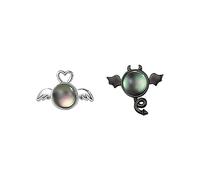 Asymmetrical Angel Evil Earrings 925 Sterling Silver Small Cute Love Heart Wings Cartilage Studs Earring for Women Girls Imitation Moon Stone Mismatch White and Black Ear Jewelry Gifts for Daughter