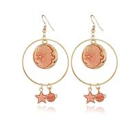 Asymmetrical Enamel Crescent Moon Star Earth Planet Hoop Drop Hook Earrings Long Tassel Pendant Dangle Jewelry for Woman, Enamel