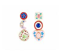 Asymmetrical Enamel Drop Earrings, Layered Floral Moon & Heart Dangle Earrings with Gemstone Inlay, Colorful Statement Earrings for Women
