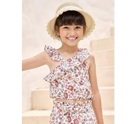 Asymmetrical Frill Blouse with Floral Print, for Girls ecru
