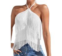 Asymmetrical Fringed Hem Crop Top for Women Long Tassel Halter Neck Tank Top Y2K Rave Party Casual Vest White XL