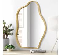 Asymmetrical Hanging Wall Mirror Gold Irregular Silver Wooden Framed Mirror for Wall Modern Unique Artistic Wavy Decor Bathroom Vanity Bedroom Living Room Entryway Hallway 20"x16" Large