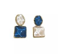 Asymmetrical Two-Tone Blue White Marbled Drop Earrings, Gold Plated Copper Geometric Oval Square Dangle Earrings with 925 Sterling Silver Post for Daily, Wedding & Cocktail Party