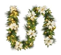 Asypets 9FT Pre-Lit Gold Christmas Vine with 70 Warm White LEDs, 8 Modes & Timer - Decorated w/Gold Flowers, Pine Cones & Berries, Indoor/Outdoor Holiday Decor - 9FT Pine Needle PVC PE Mixed