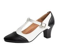 Asyusyu Black White Character Shoes for Women Clashing Colour T Strap Dance Shoes-6 UK