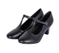 Asyusyu Character Shoes Women T-Strap Closed Toe Latin Salsa Tango Dance Practice Shoe Student Footlight Dance Shoes, Black, 2.36" Heel, 6M