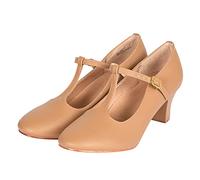 Asyusyu Character Shoes Women T-Strap Closed Toe Latin Salsa Tango Dance Practice Shoe Student Footlight Dance Shoes, Brown, 2.36" Heel, 5M