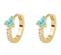 AT Jewellery - 9ct Yellow Gold Filled Flower Blue Turquoise Small CZ Cubic Zirconia Sleeper Huggie Hoop Earrings