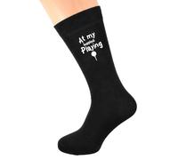 At My Happiest Playing Golf Ball & Tee Image Printed in White Vinyl on Mens Black Cotton Rich Socks. One Size, UK 8-12