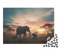 At Sunset - Female And Baby Elephant on African Savanna Rätsel Für Erwachsene || Familienspaß-Puzzles 1000pcs (75x50cm) Erwachsene
