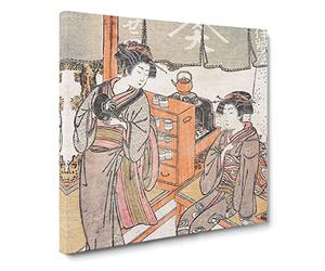 At the Ise ya Tea house by Koryusai Isoda Canvas Print | Gallery Wrapped 30mm Frame Wall Art | 14x14 inches | Ready to Hang | Asian Still Life Picture | Living Room Bedroom Lounge Office