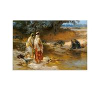 At The Water's Edge by Frederick Arthur Bridgman - Orientalist Style Wall Art Poster Depicting Figures by A Water Stream Wall Art Aesthetic Canvas Painting Picture Living Room Decor Home Unframe-style