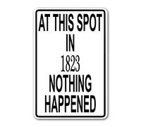 At This Spot 1823 Nothing Happened White Street Sign (Black) Metal Sign 8x12 Inches