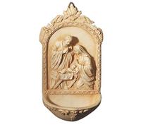 AT001 Catholic & Religious Nativity Holy Water Font. Material: Resin Size: 6 1/2 H. Holy Family with St. Mary, Jesus & St. Joseph. Perfect for Entrance of Home or Wedding Gift