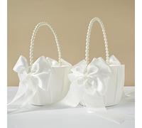 ATAILOVE 2 Pcs Wedding Flower Girl Baskets with Cute Pearl Handle Bowknot Satin Flower Baskets for Wedding Ceremony - Ivory