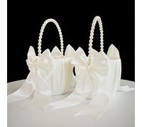 ATAILOVE Flower Girl Basket with Pearl Handle, Ivory Fariy Wedding Baskets for Flower Girls, Set of 2