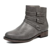 Ataiwee Women's Round Toe Ankle Booties, Low Chunky Heel Adjustable Buckle Side Zip Non-Slip Casual Short Boots.Grey,Size 7.5