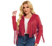 ATAMET 70s Women's Fringe Faux Suede Leather Jackets 60s Party Costume, Halloween 2025 Fashion Tassel Motorcycle Coats, Cowgirl Red, S