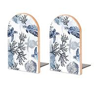 Atasc Wood Book End Blue Sea Turtle Corals Undersea Life Watercolor Book Shelf Holder Non-Slip Wooden Bookends Stand for Shelves Home Office Library Study, ATBOOKED887