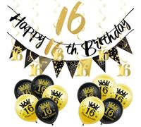 ATBEAMEN 18Pcs Black Gold 16th Birthday Decorations for Him, Boys, Triangle Flag Bunting, Foil Hanging Swirls, Confetti Balloons