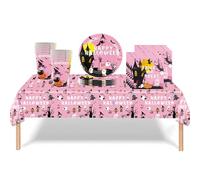 ATBEAMEN 41Pcs Halloween Party Tableware Decorations for Kids Halloween, Disposable Set Pink Table Cloth, 7inch Paper Plates, Napkins, Cups Girls Favor