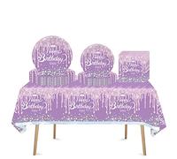 ATBEAMEN 41Pcs Purple Shiny Birthday Party Tableware Decorations for Girls,Kids,Women Birthday-Disposable Set Sliver Table Cloth,7inch,9inch Paper Plates,Napkins Her