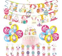 ATBEAMEN 44Pcs Easter Bunny Egg Decorations for Home Easter Day Party Balloons,Easter Decor Banner Bunting,Cake Toppers,Cute Bunny Hanging Swirls for Easter Decorations Easter Theme Party Supplies