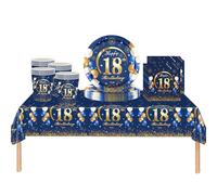 ATBEAMEN 53Pcs Navy Blue Happy 18th Birthday Party Tableware Plastic Table Cloth,Paper Plates,Napkins and Cups for Man Decorations Disposable Set Adults Party,(ATB-SStableware)