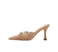 ATBELL Kitten Heel Mules for Women Bow Tie Suede Stiletto Heels Mule Pointed Toe Studs Slide Heeled Sandal Pumps for Wedding Dress Party, Tan, 7.5 UK