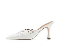 ATBELL Kitten Heel Mules for Women Bow Tie Suede Stiletto Heels Mule Pointed Toe Studs Slide Heeled Sandal Pumps for Wedding Dress Party, White Pu, 4.5 UK