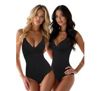 Atbuty Shapewear Bodysuit Tummy Control Zip Front Brief Seamless Sculpt Short Torso Deep V U Plunge Body Suit, Onyx, 2 Pack, Large